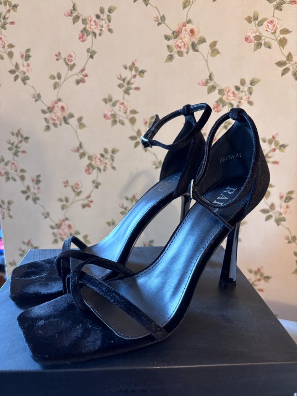 Raid Black Velvet Ankle-Strap Stiletto Heels